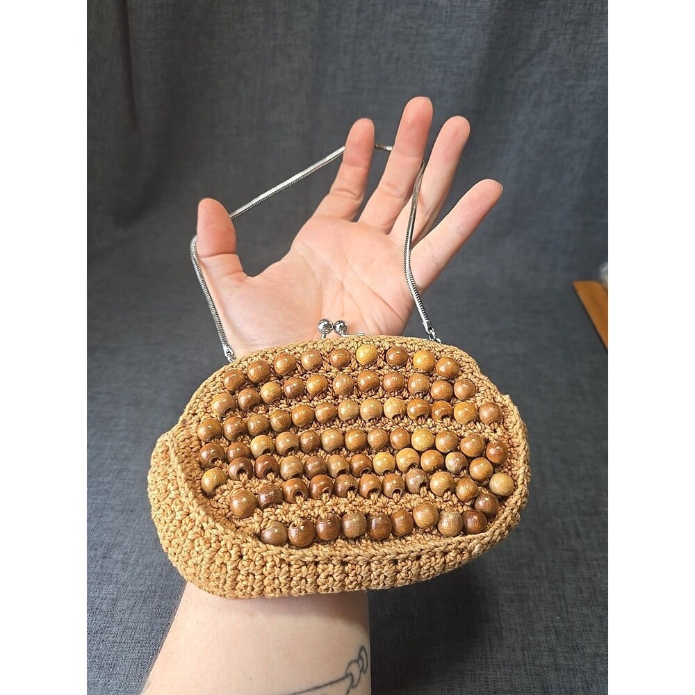Small Vintage Purse Handmade Crocheted With Wooden Bead Wrist Handheld Bag Beige